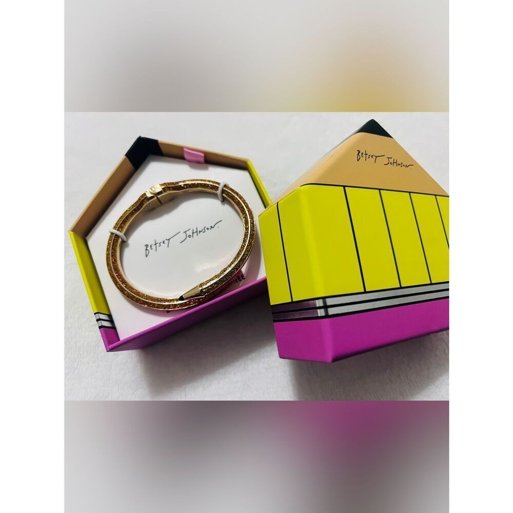BETSEY JOHNSON Brown Gold Glitter Pencil Hinge Bracelet Teacher Gift Idea New
